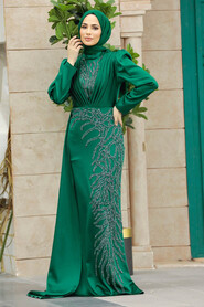 Neva Style - Elegant Green Hijab Evening Gown 23122Y - Thumbnail