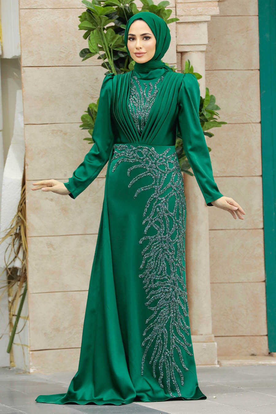 Neva Style - Elegant Green Hijab Evening Gown 23122Y