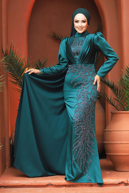  Elegant Green Hijab Evening Gown 23122Y - NEVA STYLE