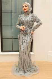  Elegant Grey Islamic Long Sleeve Dress 931GR - 1