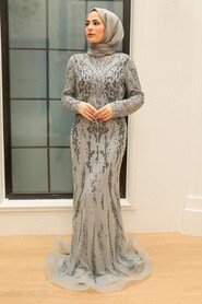  Elegant Grey Islamic Long Sleeve Dress 931GR - 2