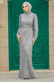  Elegant Grey Modest Islamic Clothing Prom Dress 2314GR - 1