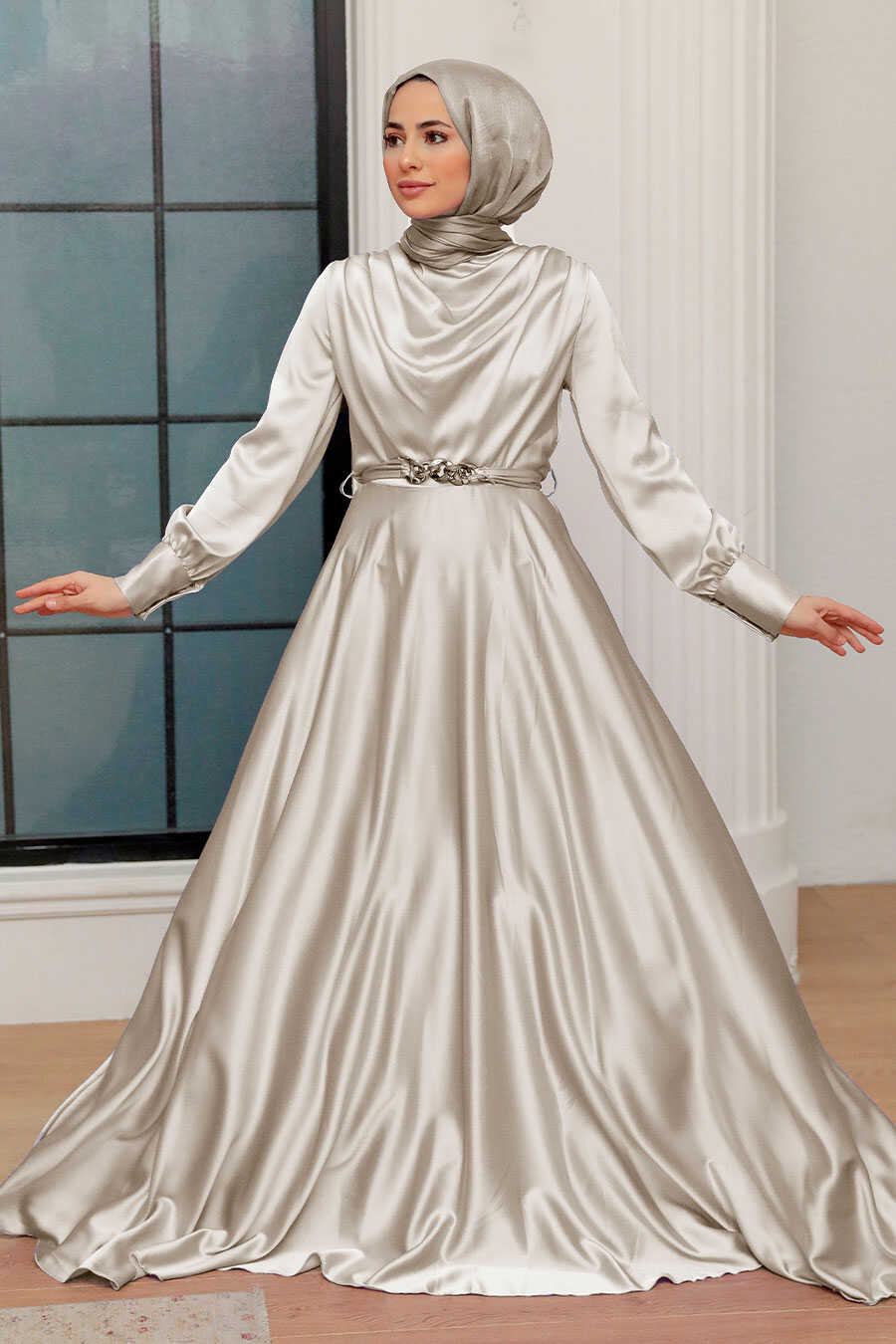 silver engagement dress Berylove Women Silver Grey Wedding Party Guest Dress with Slit A Line Floral Embroidery Maxi Dress, Silver Grey / S