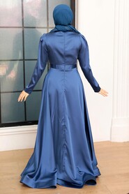  Elegant İndigo Blue Hijab Engagement Gown 22221IM - 3
