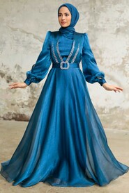  Elegant İndigo Blue Hijab Evening Dress 36831IM - 1