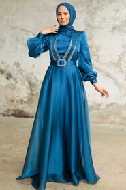  Elegant İndigo Blue Hijab Evening Dress 36831IM - 3