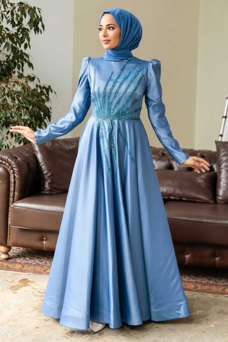  Elegant İndigo Blue Hijab Wedding Dress 2265IM - NEVA STYLE
