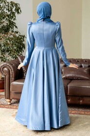  Elegant İndigo Blue Hijab Wedding Dress 2265IM - 4