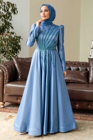  Elegant İndigo Blue Hijab Wedding Dress 2265IM - 3
