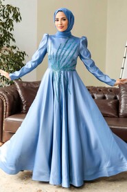  Elegant İndigo Blue Hijab Wedding Dress 2265IM - 2