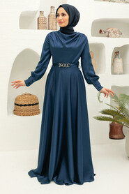  Elegant İndigo Blue Muslim Engagement Dress 3460IM - NEVA STYLE