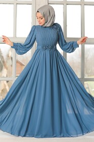  Elegant İndigo Blue Muslim Bridesmaid Dress 21951IM - 3