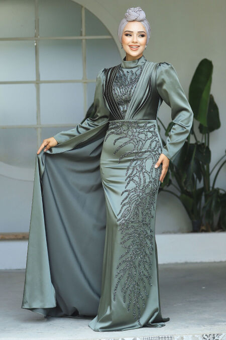  Elegant Khaki Hijab Evening Gown 23122HK - NEVA STYLE