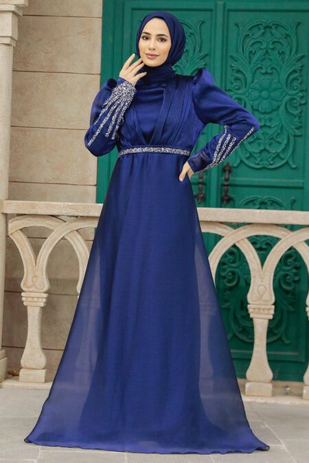  Elegant Navy Blue Muslim Engagement Dress 25854L - NEVA STYLE