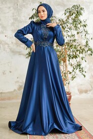 Elegant Navy Blue Modest Islamic Clothing Evening Dress 22221L - 2