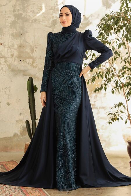  Elegant Navy Blue Islamic Clothing Evening Gown 22924L - NEVA STYLE