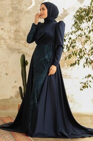  Elegant Navy Blue Islamic Clothing Evening Gown 22924L - 3