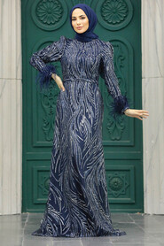 Neva Style - Elegant Navy Blue Islamic Evening Dress 23061L - Thumbnail