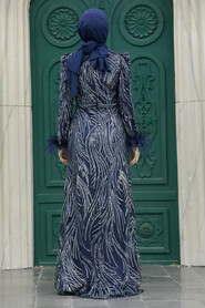 Neva Style - Elegant Navy Blue Islamic Evening Dress 23061L - Thumbnail