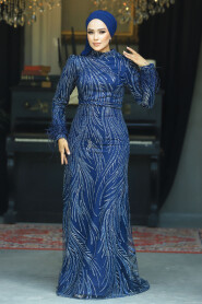 Elegant Navy Blue Islamic Evening Dress 23061L - 3