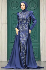 Neva Style - Elegant Navy Blue Islamic Wedding Gown 22990L - Thumbnail