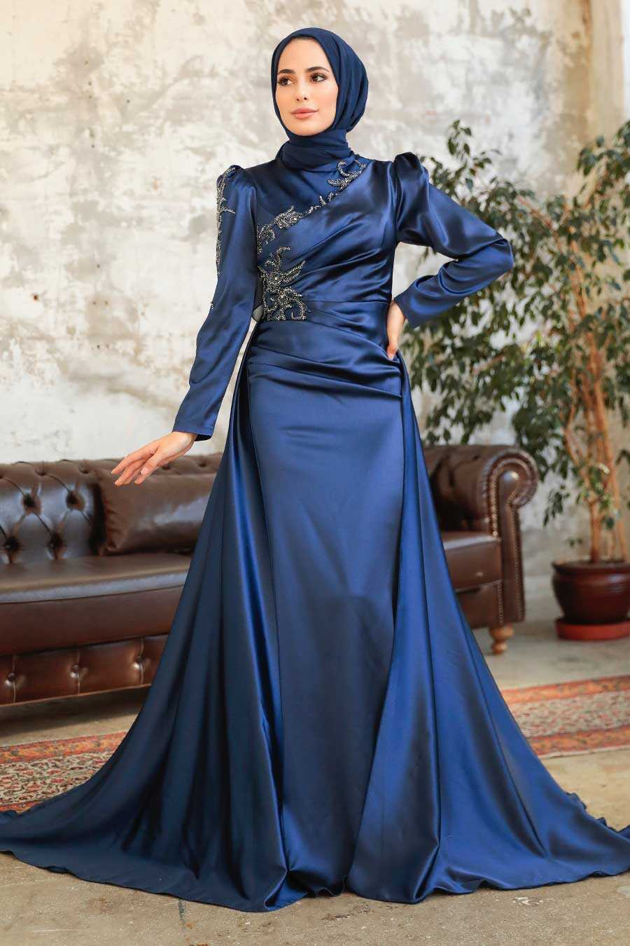 Neva Style - Elegant Navy Blue Modest Evening Gown 22881L