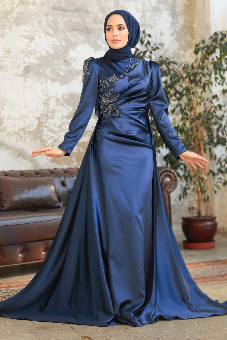 Tight Dark Blue Lace Long Prom Dress - PromGirl