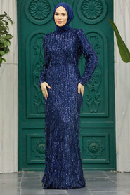  Elegant Navy Blue Modest Islamic Clothing Prom Dress 2314L - 2