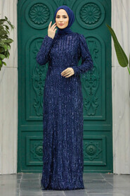 Elegant Navy Blue Modest Islamic Clothing Prom Dress 2314L - 1