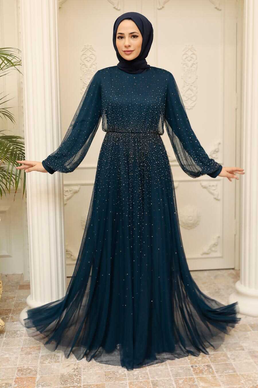 Elegant Navy Blue Muslim Fashion Evening Dress 20951L - Neva-style.com