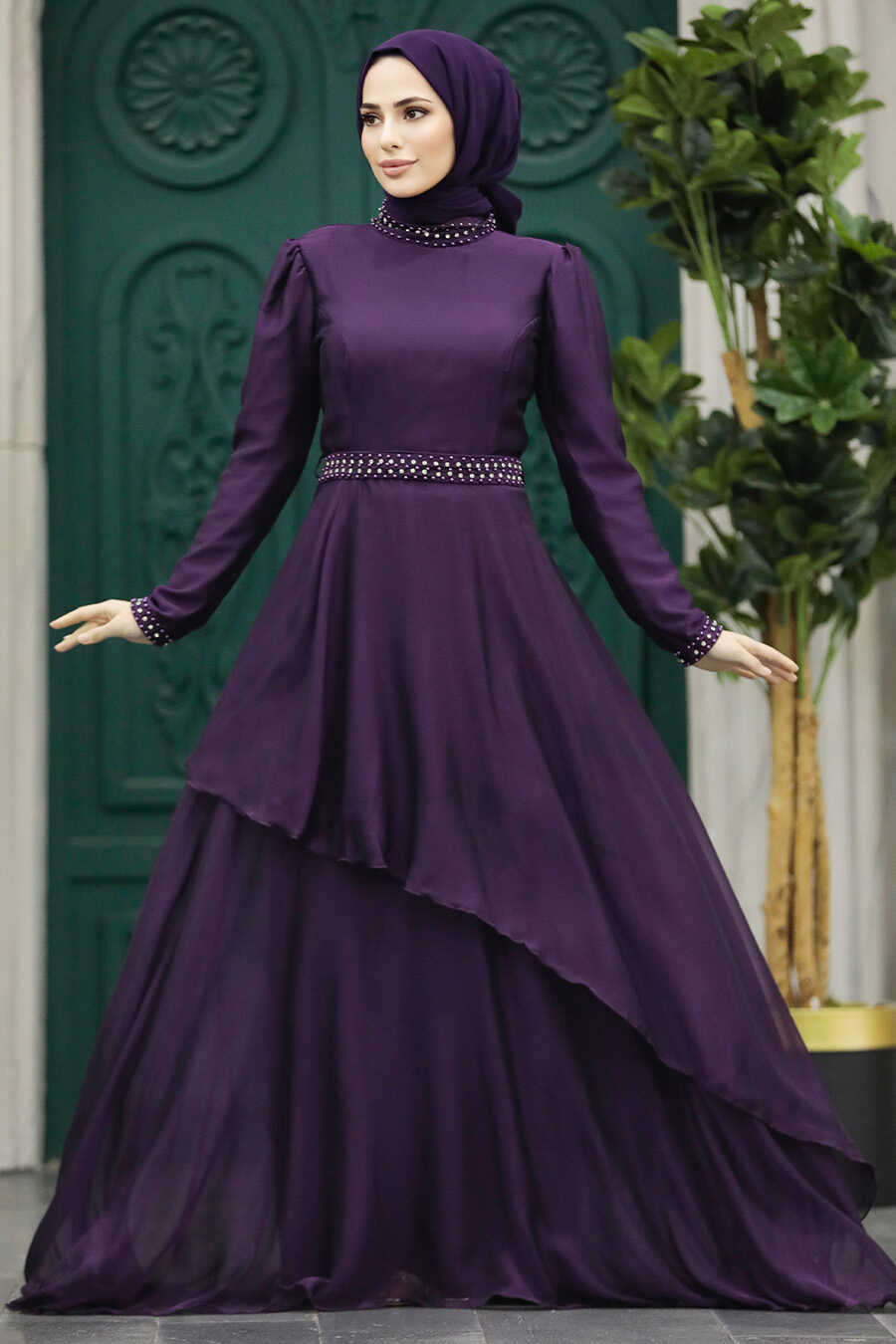 Elegant Plum Color Muslim Fashion Evening Dress 22223MU