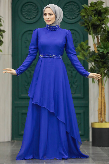 Elegant Sax Blue Muslim Fashion Evening Dress 22223SX - NEVA STYLE