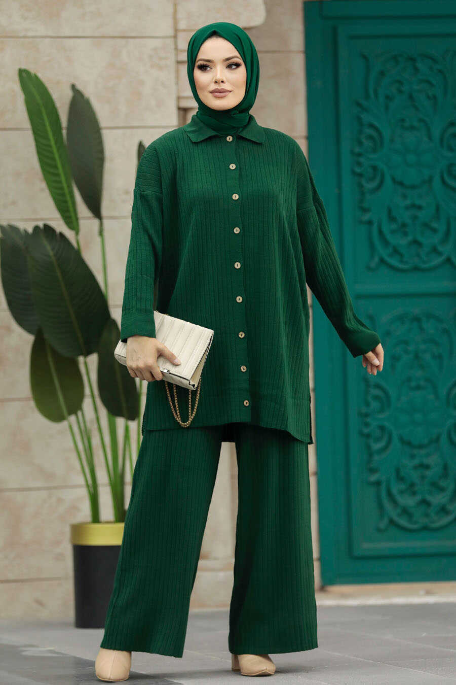 Neva Style - Emerald Green Hijab Knitwear Dual Dress 33860ZY