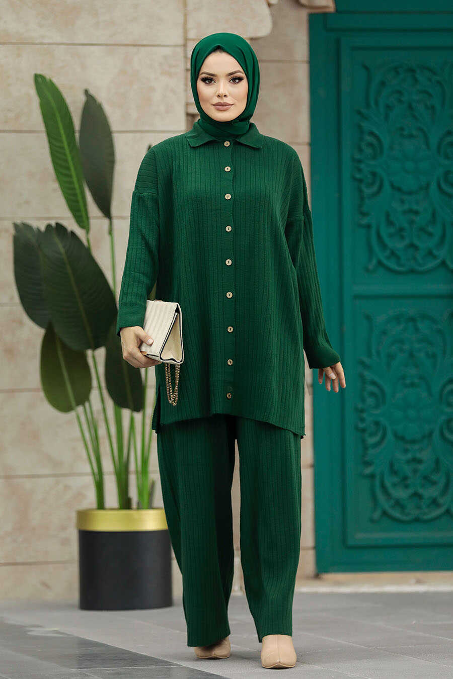 Neva Style - Emerald Green Hijab Knitwear Dual Dress 33860ZY