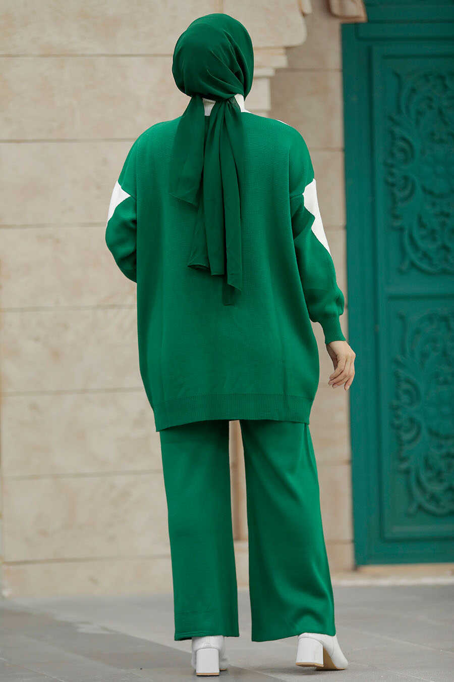Neva Style - Emerald Green Hijab Knitwear Dual Suit 3433ZY