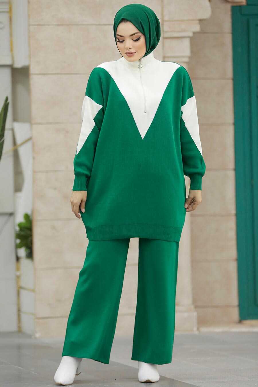 Neva Style - Emerald Green Hijab Knitwear Dual Suit 3433ZY