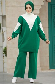 Neva Style - Emerald Green Hijab Knitwear Dual Suit 3433ZY - Thumbnail