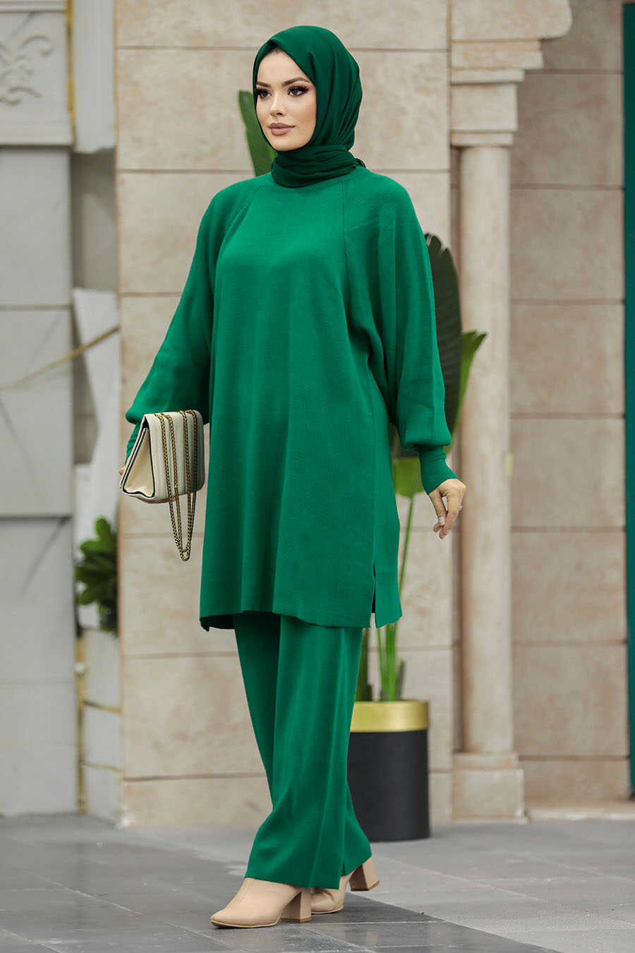 Neva Style - Emerald Green Modest Knitwear Dual Dress 34262ZY