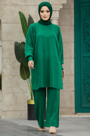 Neva Style - Emerald Green Modest Knitwear Dual Dress 34262ZY - Thumbnail