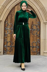 Emerald Green Velvet Hijab Dress 36971ZY - 1
