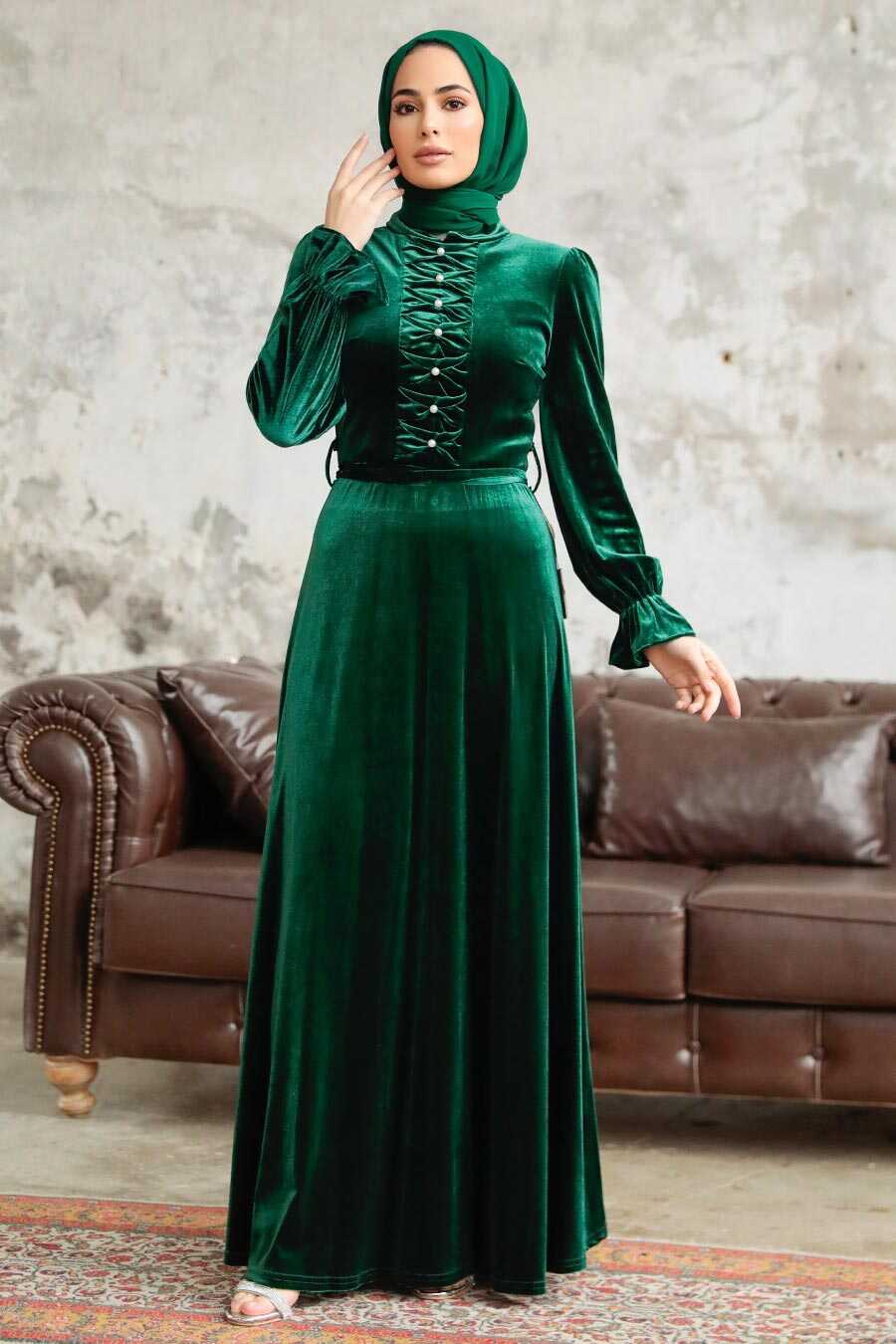 Neva Style - Emerald Green Velvet Hijab Maxi Dress 37091ZY