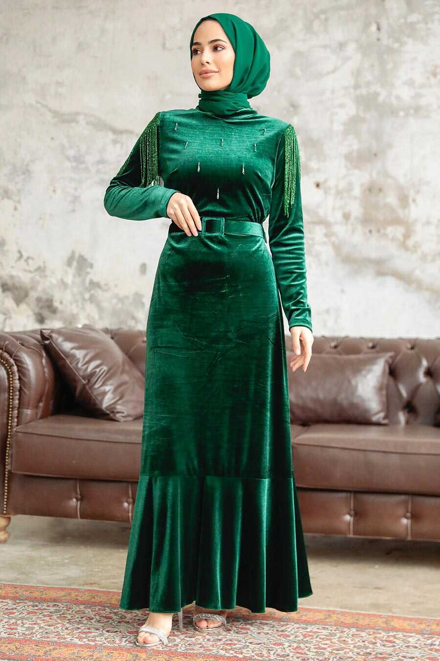 Neva Style - Emerald Green Velvet Islamic Clothing Dress 3748ZY