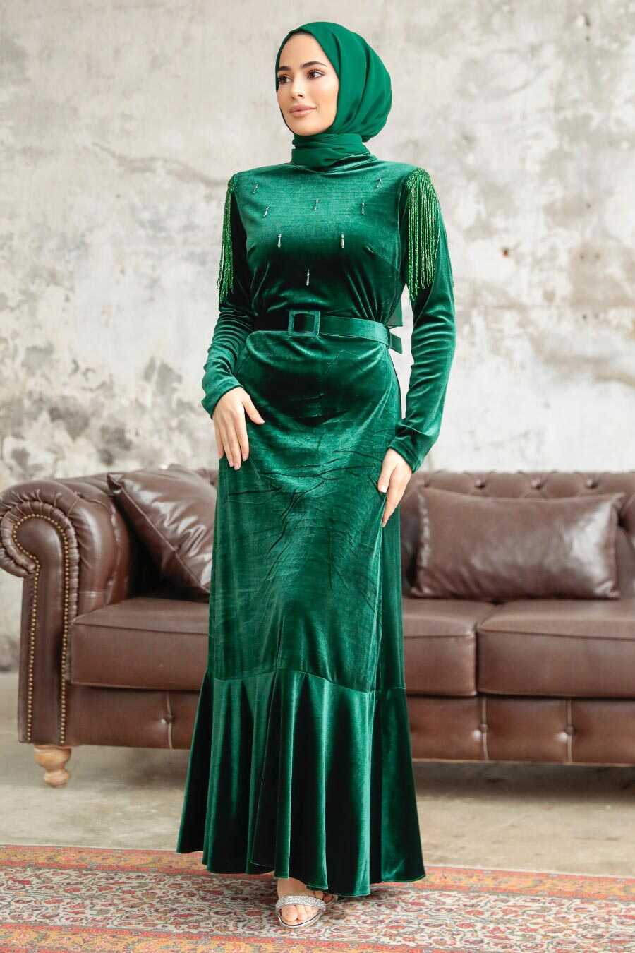 Neva Style - Emerald Green Velvet Islamic Clothing Dress 3748ZY