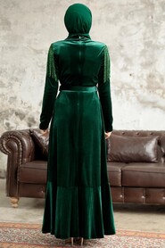 Neva Style - Emerald Green Velvet Islamic Clothing Dress 3748ZY - Thumbnail