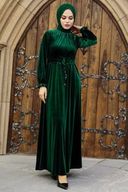 Emerald Green Velvet Long Dress for Muslim Ladies 36921ZY - 2