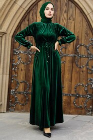  Emerald Green Velvet Long Dress for Muslim Ladies 36921ZY - 1