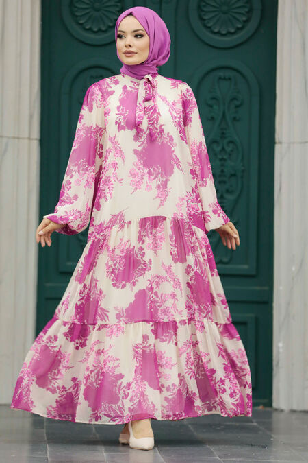  Fushia Hijab Turkish Dress 18601F - NEVA STYLE