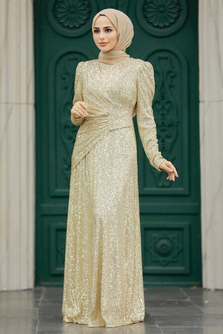  Gold Muslim Long Sleeve Dress 39471GOLD - NEVA STYLE