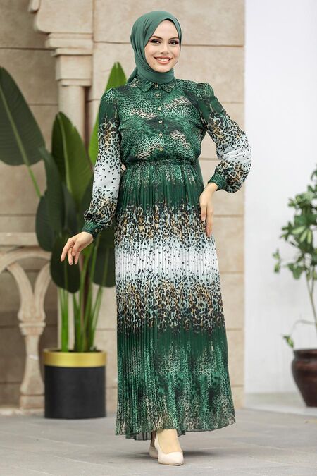  Green Hijab Dress 3878Y - NEVA STYLE