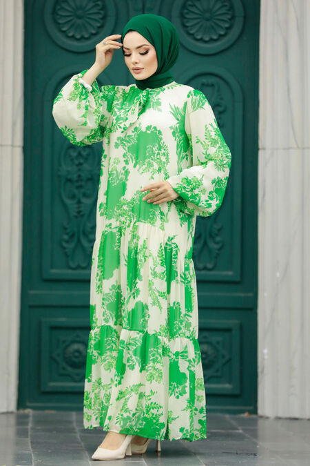  Green Hijab Turkish Dress 18601Y - NEVA STYLE